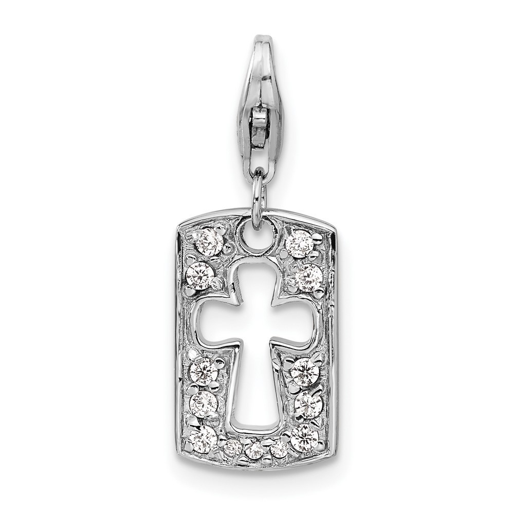 925 Silver Reversible CZ Cut-out Cross Faith Clip-on Bracelet Charm w Clasp